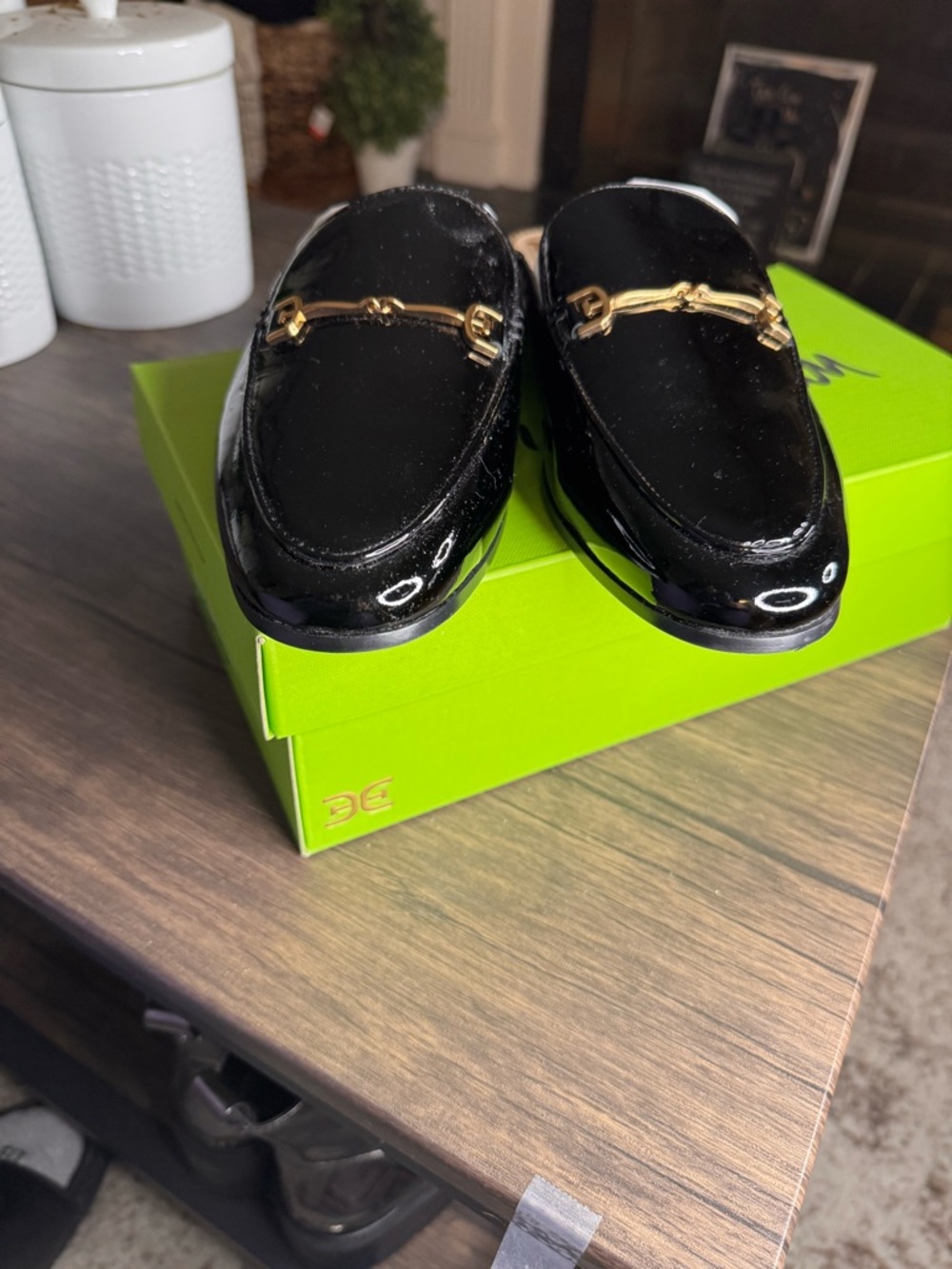 Sam Edelman Black Patent Slip-On Mule with Gold Bit - Picture 2 of 6